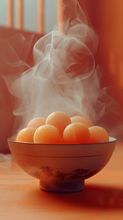 A dish of steaming eggs on a table, a staple food for breakfastの素材