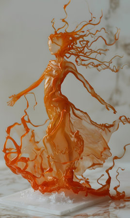 A liquid orange paint art of a woman in a peach dress on a white canvasの素材