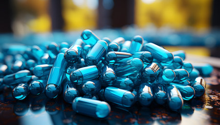 White pills on blue backgroundの素材