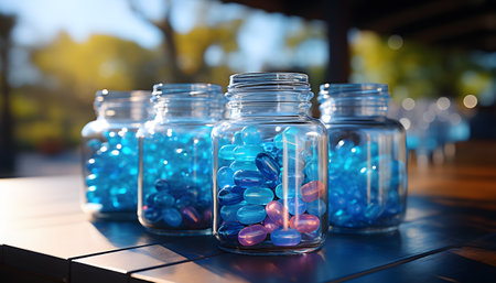 White pills on blue backgroundの素材