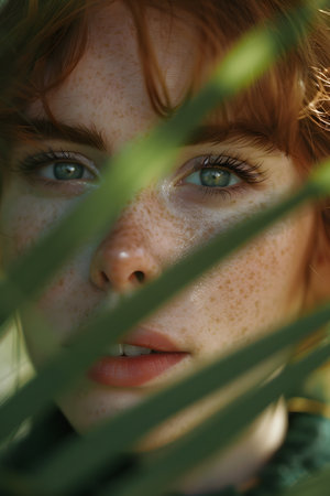 a close up of a woman s face through a leafの素材
