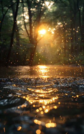 the sun is shining through the trees on a riverの素材