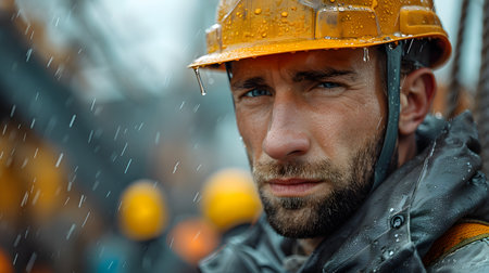 An engineer in workwear with a hard hat stands in the rainの素材