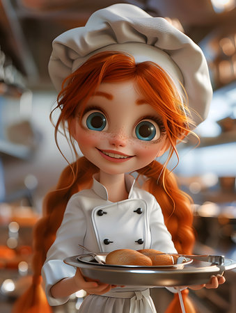 Doll figurine with blond hair wearing a chefs hat holding a tray of foodの素材