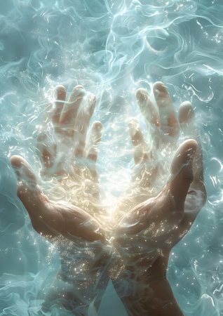 Hands immersed in water and smoke create an underwater gestureの素材