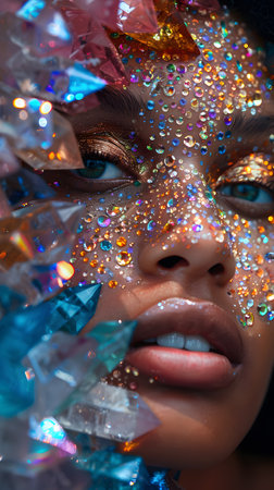 a close up of a woman s face with glitter and crystals on itの素材