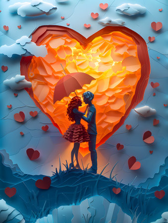 a man and a woman are kissing under an umbrella in front of a heart made of paperの素材