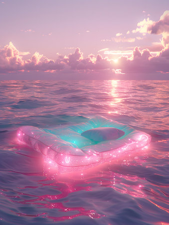 Pink float drifts on ocean at sunset, reflecting sunlight in the sky and waterの素材