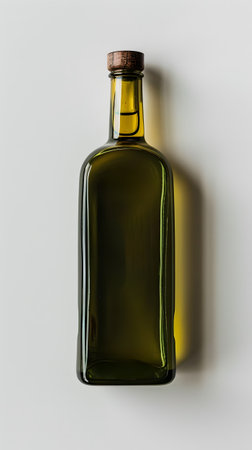 Glass bottle of olive oil with a cork on white surfaceの素材