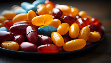 White pills on blue backgroundの素材