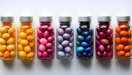 White pills on blue backgroundの素材