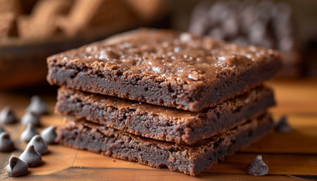 Close-up of brownie dessert on plate.の素材