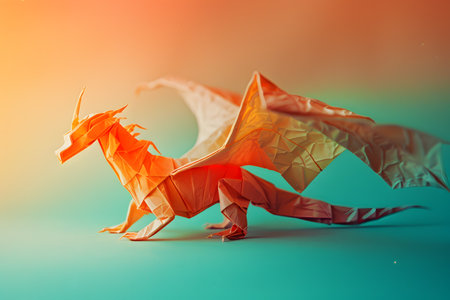 an orange origami dragon is sitting on a blue surfaceの素材