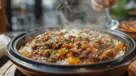 Individual enjoying food from a bowl using a spoonの素材