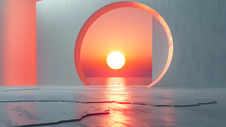 Amber sunlight filters through the atmospheric circle in the roomの素材
