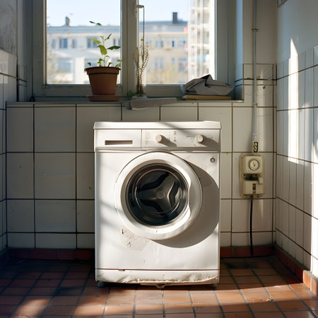 White washing machine in laundry room next to windowの素材