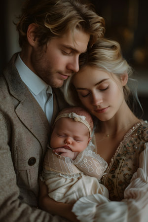 A happy couple sharing a tender moment holding their baby in their armsの素材