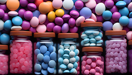 White pills on blue backgroundの素材