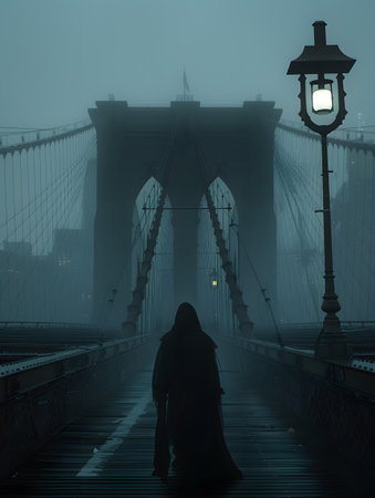 A figure crossing a foggy bridge under street lightsの素材