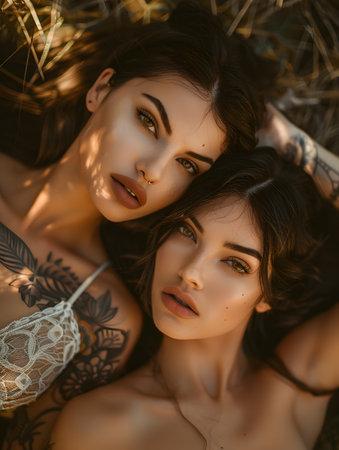 Two beautiful women with black hair laying in the grassの素材
