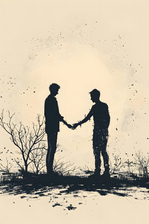 Two men shaking hands in a beautiful outdoor settingの素材