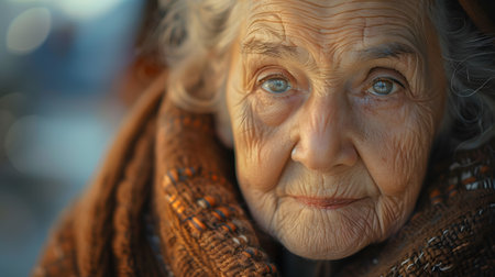 a close up of an elderly woman s face with a scarf around her neckの素材