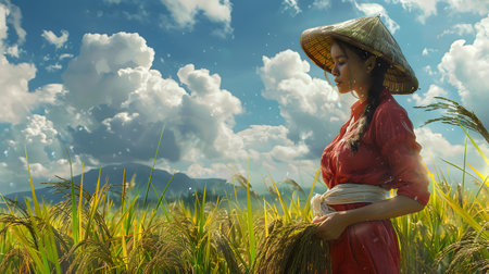 A woman in a conical hat stands in tall grass under blue skyの素材