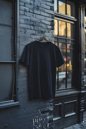 A black tshirt hangs on a hanger against a brick wallの素材