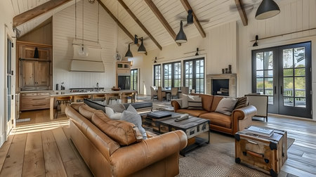 A cozy living room with furniture, fireplace, and hardwood floorsの素材