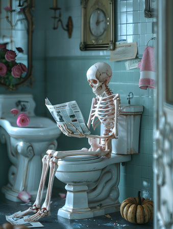 A skeleton is sitting on a wooden toilet reading a newspaperの素材