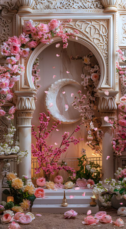 A building adorned with pink flowers and a crescent moonの素材