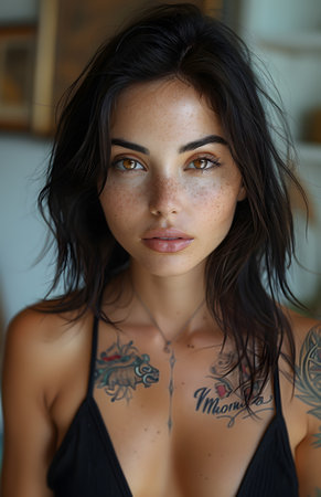 Closeup of womans face with chest tattoos in electric blueの素材