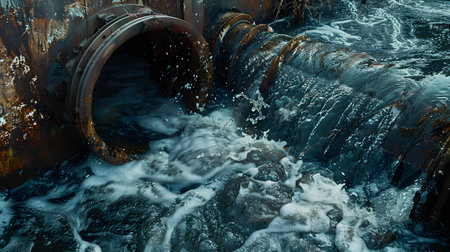 Rusty pipe releasing water into a calm body of waterの素材