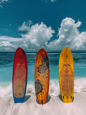 three surfboards are lined up on the beach near the oceanの素材