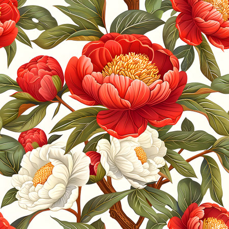 Floral art with red and white flowers, green leaves on a white backgroundの素材