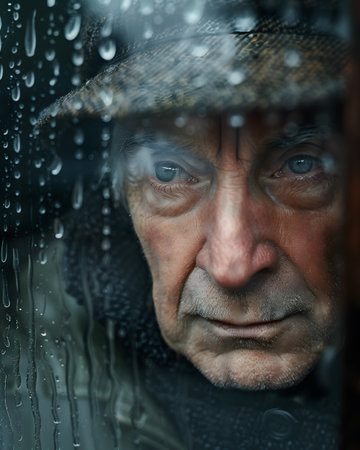 a man wearing a hat is looking through a window with rain drops on itの素材