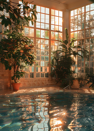 Swimming pool inside a greenhouse with plants and sunny interior designの素材