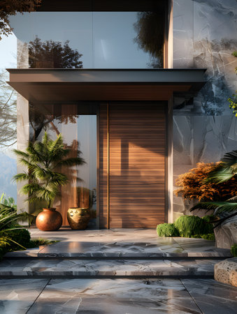 Modern property with wooden fixtures, stairs, and door in a residential areaの素材