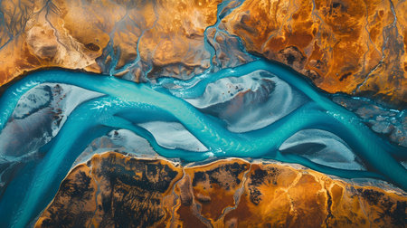 an aerial view of a river flowing through a mountainous areaの素材