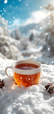 A cup of amber tea sits in the snow, liquid cooling in the coldの素材