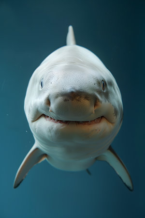 A Lamniformes shark is smiling at the camera underwaterの素材