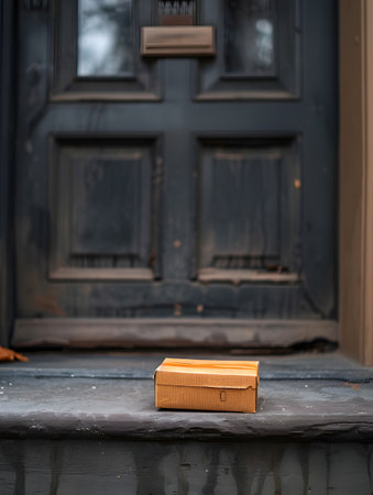 a small wooden box sits on the steps of a doorの素材