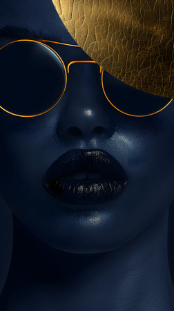 Woman with black lips wearing gold glasses in electric blue closeupの素材
