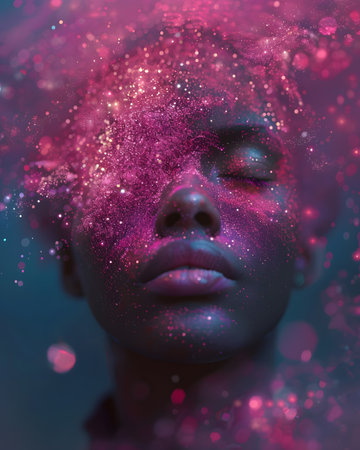 Closeup of a womans face with purple glitter and magenta eyelashesの素材