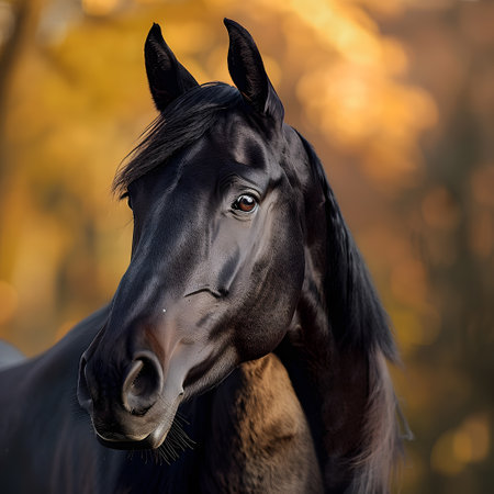 Close up of a black horses gaze, against a sky backdropの素材