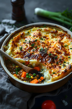 Food recipe Shepherds pie cooked in a pan, stirred with a wooden spoonの素材