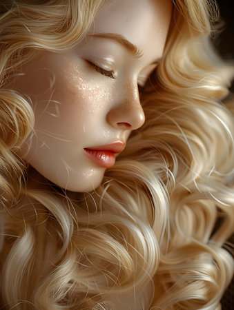 a close up of a woman s face with long blonde hair and red lipsの素材