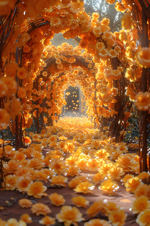 a tunnel of yellow flowers in a forestの素材