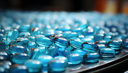 White pills on blue backgroundの素材