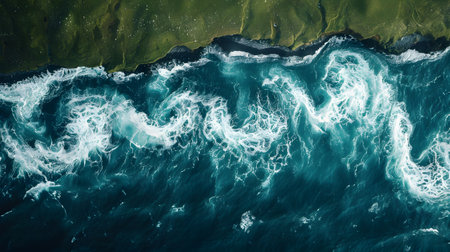 Aerial view of ocean waterfall with water flowing into natural landscapeの素材